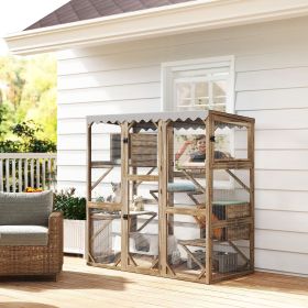 Outdoor Cat Enclosure with Window Access, 5 Platforms and 2 Resting Boxes, Waterproof Roof for Multiple Cats, Brown