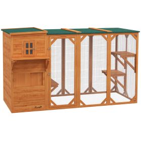 Wooden Cat Catio, 76"L Walk in Outdoor Cat House with Asphalt Roof, Platforms, Lockable Doors for 2-3 Cats, Orange