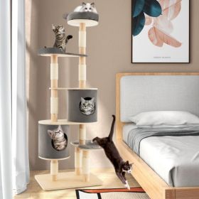 6-Tier Wooden Cat Tree with 2 Removeable Condos Platforms and Perch (Color: Gray)